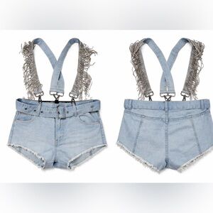 Denim Suspender Shorts with rhinestone Accents